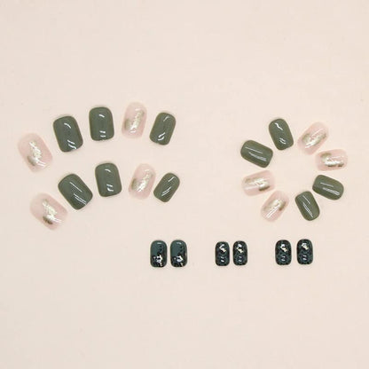 Press on Nails Short Square Fake Nails Green False Nails with Glitter Designs White Acrylic Nails Leopard Artificial Nails Full Cover Glue on Nails Glossy Stick on Nails for Women