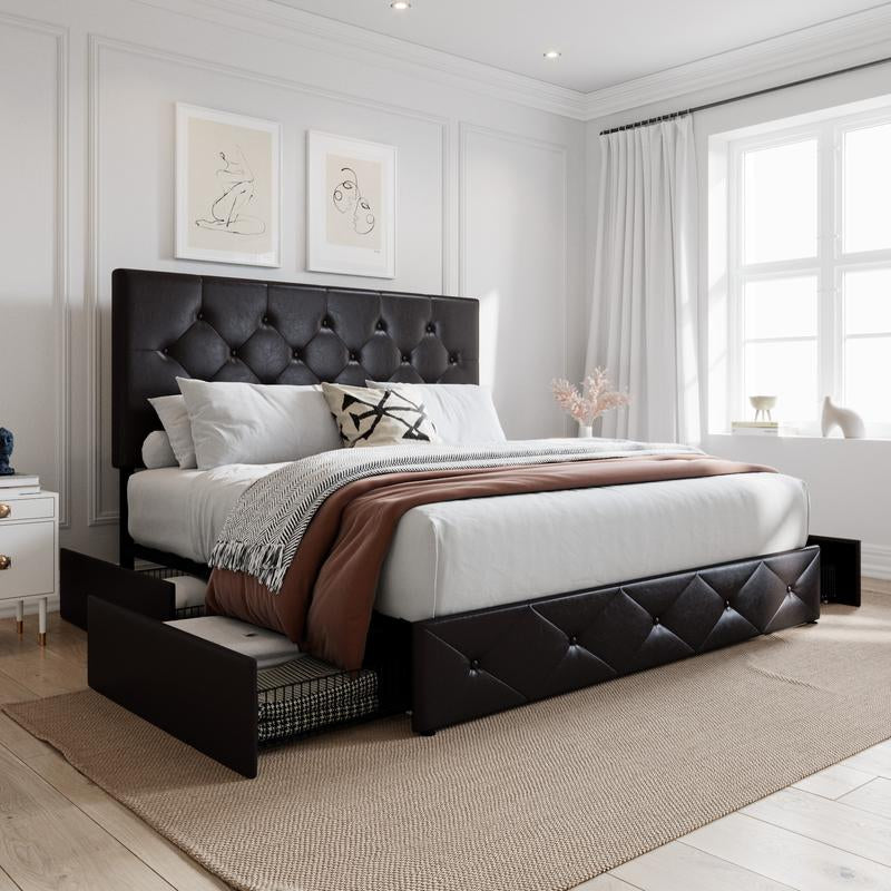 SHA CERLIN Upholstered Full/Queen/King Platform Storage Bed Frame with 4 Drawers,【Frame Only No Mattress】 Adjustable Headboard with Diamond Button Tufted Design, Wooden Slat Support, No Box Spring Needed#Tiktokshopbacktoschool