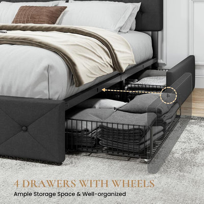 SHA CERLIN Upholstered Full/Queen/King Platform Storage Bed Frame with 4 Drawers,【Frame Only No Mattress】 Adjustable Headboard with Diamond Button Tufted Design, Wooden Slat Support, No Box Spring Needed#Tiktokshopbacktoschool