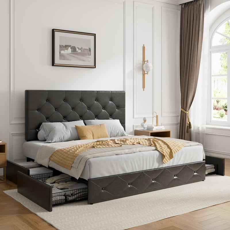 SHA CERLIN Upholstered Full/Queen/King Platform Storage Bed Frame with 4 Drawers,【Frame Only No Mattress】 Adjustable Headboard with Diamond Button Tufted Design, Wooden Slat Support, No Box Spring Needed#Tiktokshopbacktoschool