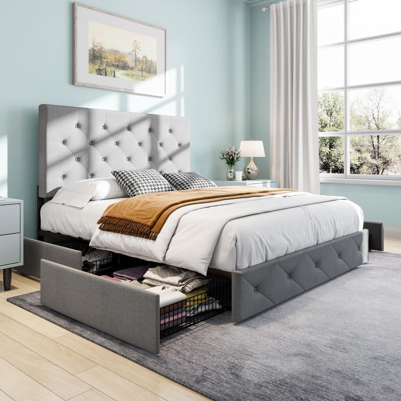 SHA CERLIN Upholstered Full/Queen/King Platform Storage Bed Frame with 4 Drawers,【Frame Only No Mattress】 Adjustable Headboard with Diamond Button Tufted Design, Wooden Slat Support, No Box Spring Needed#Tiktokshopbacktoschool
