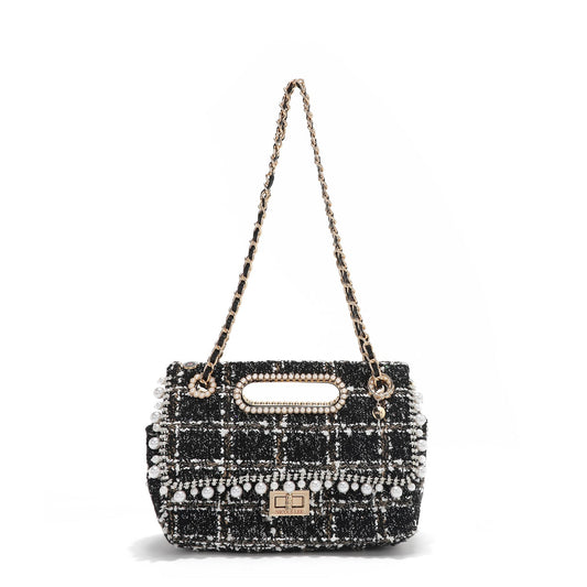 BOLSO CLUTCH ESTILO TWEED CON SOLAPA (NEGRO)-0