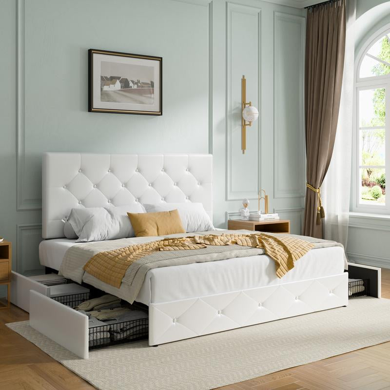 SHA CERLIN Upholstered Full/Queen/King Platform Storage Bed Frame with 4 Drawers,【Frame Only No Mattress】 Adjustable Headboard with Diamond Button Tufted Design, Wooden Slat Support, No Box Spring Needed#Tiktokshopbacktoschool