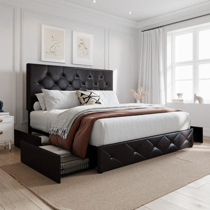 SHA CERLIN Upholstered Full/Queen/King Platform Storage Bed Frame with 4 Drawers,【Frame Only No Mattress】 Adjustable Headboard with Diamond Button Tufted Design, Wooden Slat Support, No Box Spring Needed#Tiktokshopbacktoschool