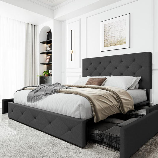 SHA CERLIN Upholstered Full/Queen/King Platform Storage Bed Frame with 4 Drawers,【Frame Only No Mattress】 Adjustable Headboard with Diamond Button Tufted Design, Wooden Slat Support, No Box Spring Needed#Tiktokshopbacktoschool