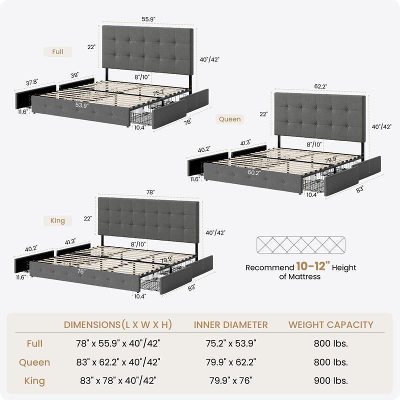SHA CERLIN Upholstered Full/Queen/King Platform Storage Bed Frame with 4 Drawers,【Frame Only No Mattress】 Adjustable Headboard with Diamond Button Tufted Design, Wooden Slat Support, No Box Spring Needed#Tiktokshopbacktoschool