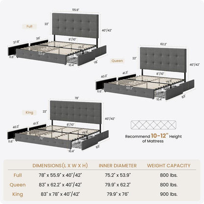 SHA CERLIN Upholstered Full/Queen/King Platform Storage Bed Frame with 4 Drawers,【Frame Only No Mattress】 Adjustable Headboard with Diamond Button Tufted Design, Wooden Slat Support, No Box Spring Needed#Tiktokshopbacktoschool